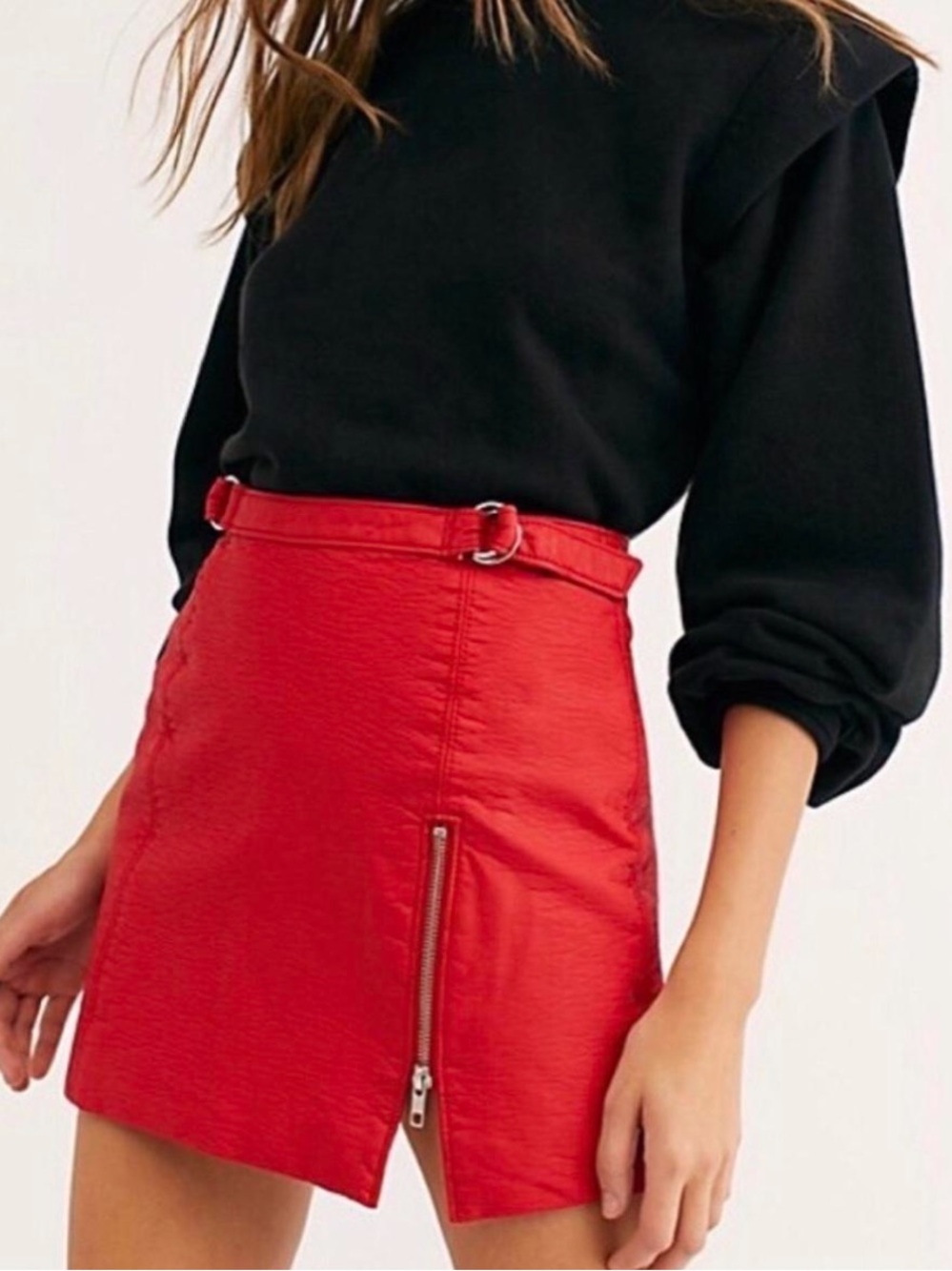 Free People Vegan Leather Red Mini Skirt with Front Zip